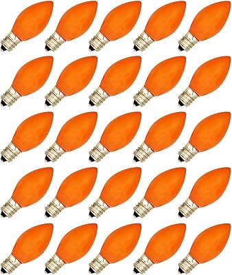 Creative Hobbies Box of 25 Light Bulbs, Ceramic Opaque Orange, Steady Burning, 7 Watt Incandescent, C7 Candelabra Base - Great for Christmas Strings and Halloween