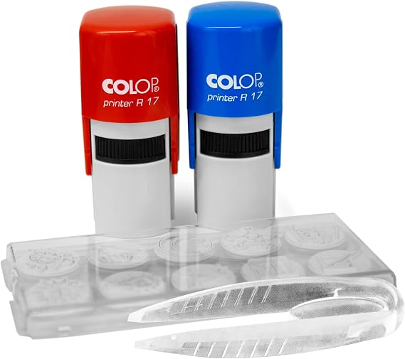 Colop Teacher Themed Stamp Kit - Red and Blue Self-Inking Stamps with 10 Unique Messages and Tweezers for Easy Message Change - Ideal for Homework and Test Marking