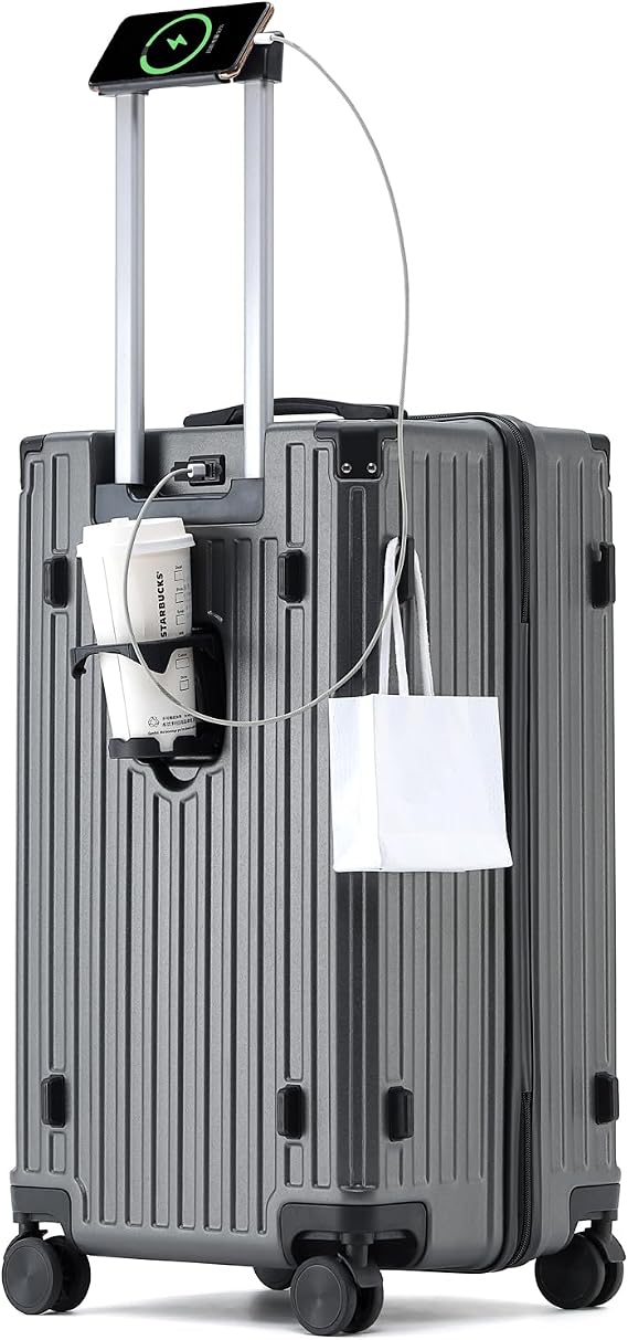 FREEFLY Hard Suitcase, Medium Cabin Suitcase, Carry On Luggage, 4 Wheel Suitcase, Best Lightweight Cabin Suitcase with Cup Holder USB Charging Port,Grey,20in