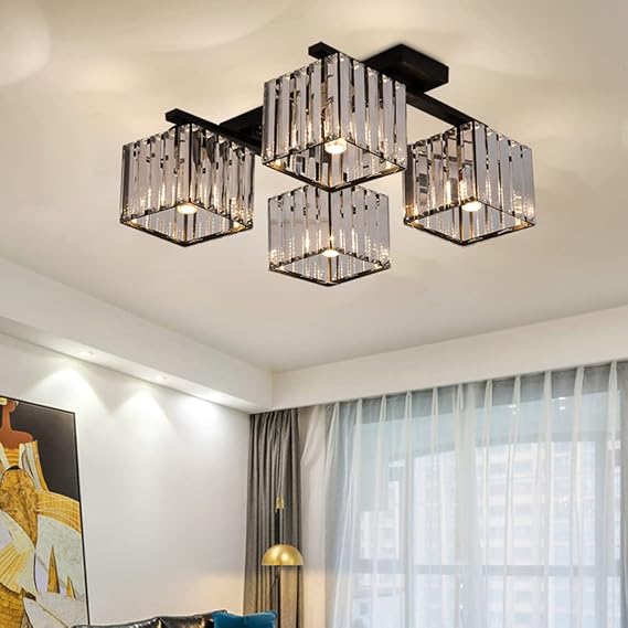 Modern Crystal Flush Mount Ceiling Light Square 4 Lights Ceiling Light Fixture for Dining Room Living Room in Black