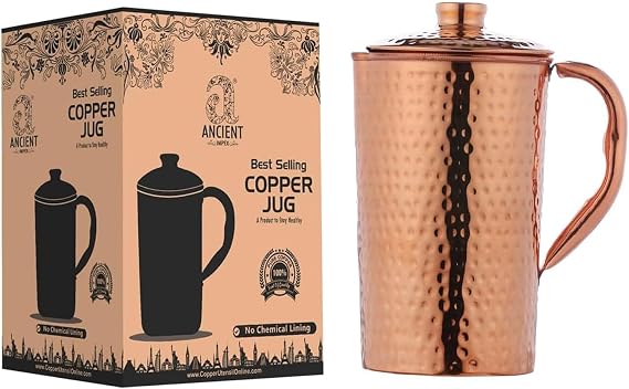 Copper Pitcher (Jug) Hammered 1.5Lt (50.72 US Fl Oz) Capacity, Unlined, Uncoated and Non-Lacquered for Ayurveda Health Benefits made of Pure Copper