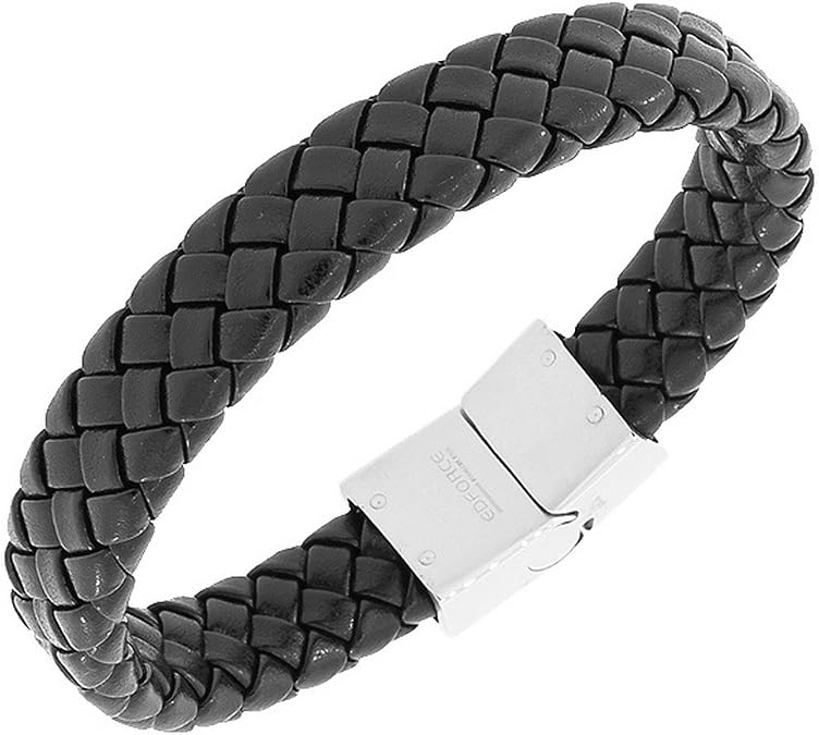 Stainless Steel Black Faux PU Leather Silver-Tone Wristband Men's Bracelet