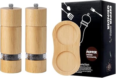 Wooden Salt and Pepper Grinders Set Mill with Tray Adjustable Ceramic Grinder Coarseness Refillable Manual Pepper Grinders with Transparent Window Oak Wood 6 inches Wood color