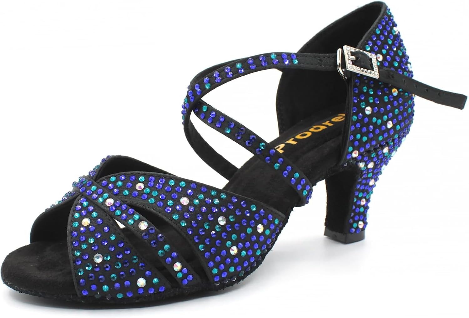 Blue Dance Shoes for Women,Glitter Satin Kitten Heel Salsa Latin Swing Ballroom Shoes with Rhinestones,for EveningWeddingParty