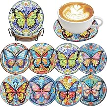 HITO 8 PCS Butterfly Diamond Art Coasters- Butterfly Diamond Painting Coasters Kits with Holder, DIY Coaster Kit with Cork Bases for Adults Beginners as Gift Home Decors