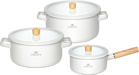 Gerlach 1760 Saucepan Set - 2 Pots 3 L 5 L - 1 Casserole 2 L - Enamel Pot - All Types of Cookers - Tempered Glass Lid - White Natural Enamel