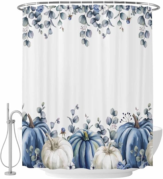 Fall Shower Curtain Set, Blue Pumpkin Bath Shower Curtain with Hooks Waterproof Polyester Fabric Shower Curtains for Bathroom Holiday Thanksgiving Decorations White Pumpkins Green Leaves 72x72 Inch