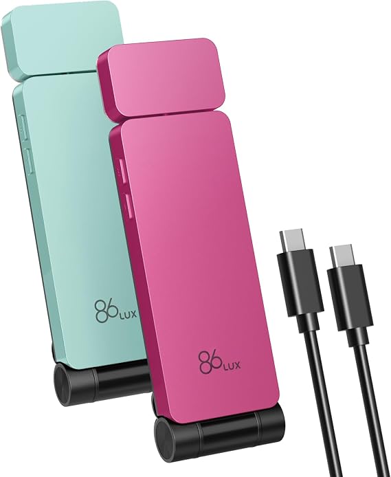 86lux Book Light, Rechargeable Reading Lights for Books in Bed, Ultralight Clip-on LED Bookmark Lamp with 3 Amber Colors & Stepless Dimming for Night Reading for Book Lovers, Kids, Hot Pink&Light Blue
