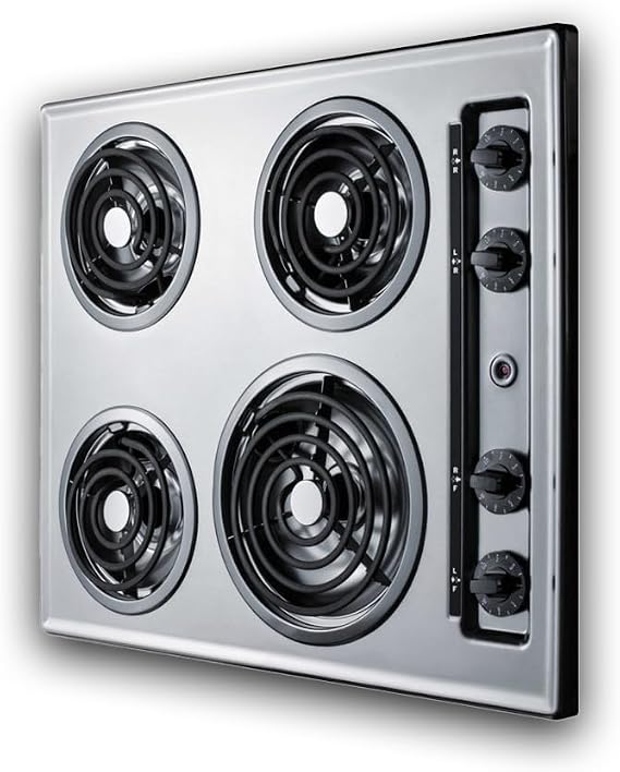 Summit 24" 4 Burner Electric Cooktop. 230 Volt Coil Electric Cooktop, Stainless Steel Look- ZEL03