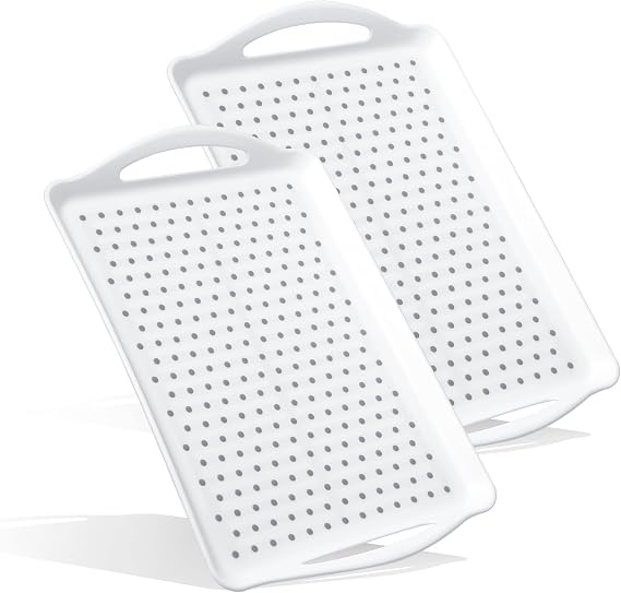 2 Pcs Large Rectangular Non Slip Serving Tray with Handles, Silicone Gripping Nubs Lap Food Trays for Eating, Dishwasher Safe Serve for Dinner Snack Fruit Dessert Beverage, RectangularWhite