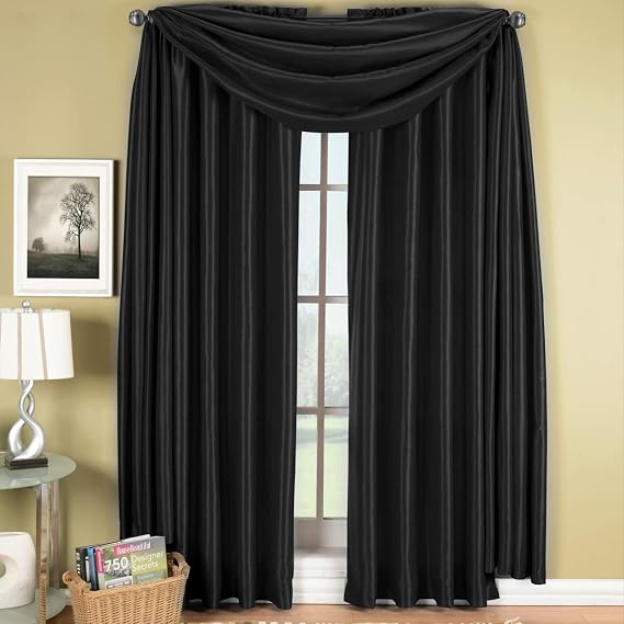sheetsnthings 3 Piece Window Treatment Set: Soho- Pair of (84" W x 84" L) Solid Black Panels with Matching (42" W x 216" L) Scarf
