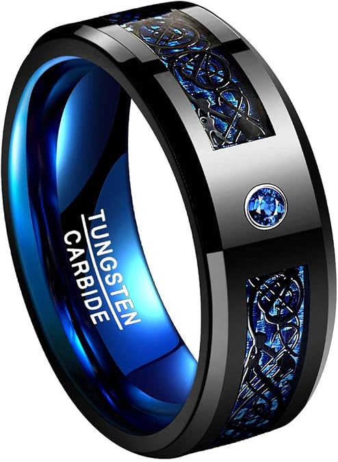 TUNGSTORY 8mm Black Celtic Dragon Tungsten Carbide Wedding Ring with Green Carbon Fiber and CZ Inlay Polished Finish Beveled Edge Size 6-16