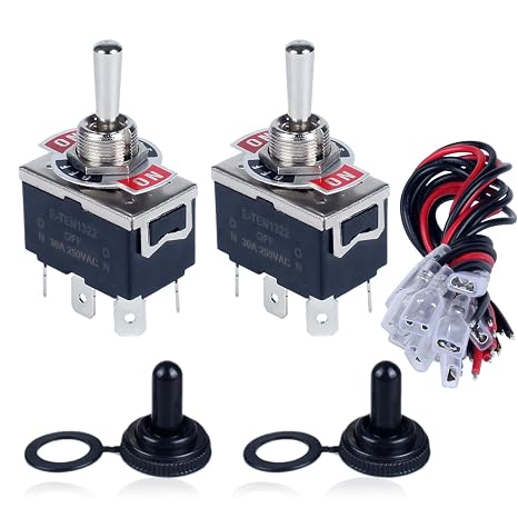 DWMD 2Pcs 30Amp 250V AC DPDT Momentary Rocker Toggle Switch, 12V DC Heavy Duty 6Pin 3Position (ON) Off (ON) Switch with Waterproof Boot Cap and 6.3mm Terminal pre-Wired Cables