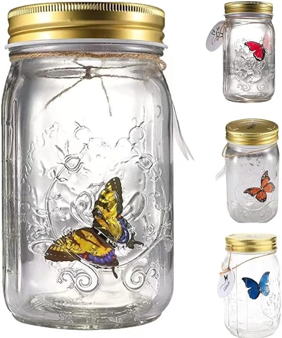 Butterfly in A Jar Vibration Induction Flying Butterfly Simulated Butterfly Jars LED Butterfly in A Jar Fluttering Valentine Kids Gift Home Decor (Yellow)
