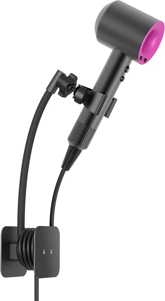 AGVEE Hands Free Hair Dryer Holder Wall Mount, Permanent No Drill Blow Dryer Stand with Strong Clamp, Adjustable Lazy Hair Dryer Bracket with Aluminum Cord Organizer, Black