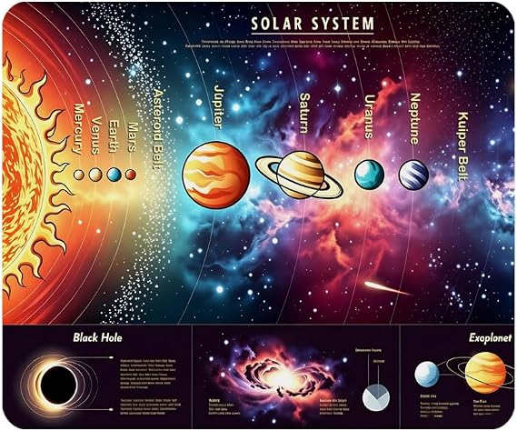 Space Gaming Mouse Pad Solar System Science Information Jupiter Saturn Space Telescope Print Non-Slip Rubber Mouse Pad for Computer Laptop Office 9.5" x 7.9"