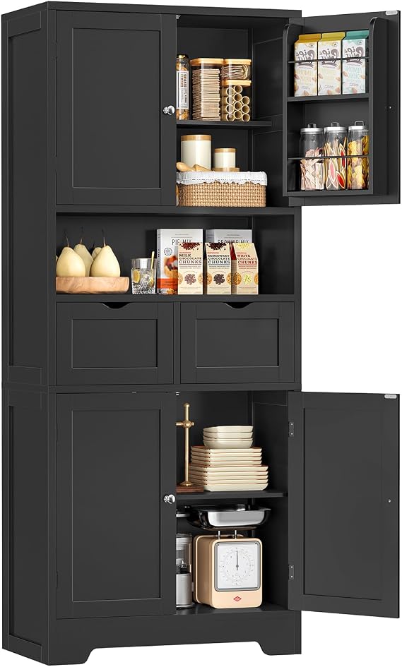Kitchen Pantry Cabinet with 2 Drawers &4 Door Shelves, Tall Storage Cabinet