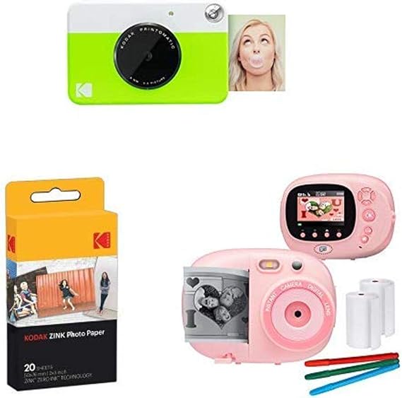 Kodak PRINTOMATIC Digital Instant Print Camera (Green), with Extra Paper and Kids Instant Print Camera & Video Camcorder Bundle with Frames, Filters for Hours of Fun - Pink