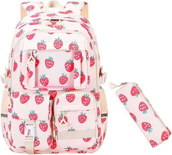 JiaYou Girls Dopamine Color Backpack Casual Daypack fit for School travel outdoor activities(Strawberry-2Pcs,25 Liters)