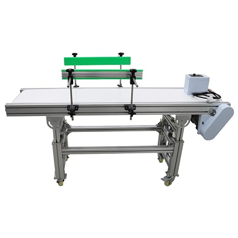 PVC Belt Flat Conveyor Belt 59In Length 11.8In Width 27.1-35Inch Height Aluminum Frame Adjustable Guardrails & Speed 13-65ft/min Load 66-88LB for Carton Plastic Bottle Box 110V/120w
