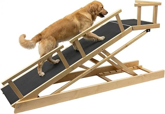 65" Foldable Dog Ramp for Bed, 6-Level Height Adjustable, EVA Non-Slip Surface, Holds Up to 200 lbs, Rest Platform & Glow Strips, Safety Rails & Anchor Straps, for Large & Senior Dogs,Wood Color