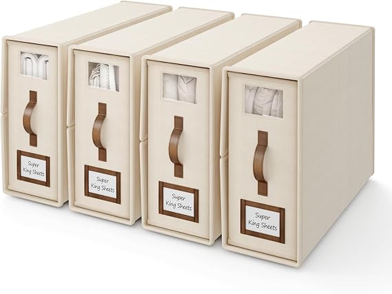 4 Pack Foldable Bed Sheets Set Organizers and Storage(Super King Size),Folding Bedding Storage Box with Window,Sheets Set Folder Keeper for Bedsheets,Blanket Organizer,Beige, (CDSNX)