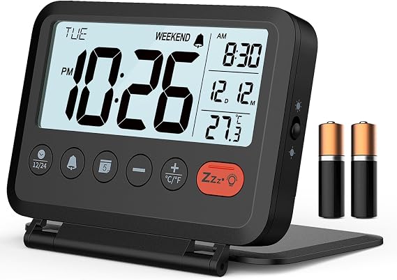 Digital Travel Alarm Clock, 2-Level Backlight, 2 Volumes, Snooze & Weekend