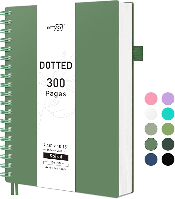 RETTACY Dotted Journal Notebook, 300 Pages, B5 Medium Size (7.4'' 10'') | 100 GSM Thick Paper, Flexible Plastic Cover, Spiral-bound, for Journaling, Planning, Tracking (Dark green)