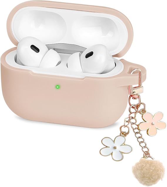 Cute Case for Airpods Pro 2nd/1st Generation Cover for Girl Women with Pom Pom Flower Keychain & Cleaner Kit, Soft Silicone Protective Skin for Airpods Pro 2/1 Gen 2023/2022/2019 Tea
