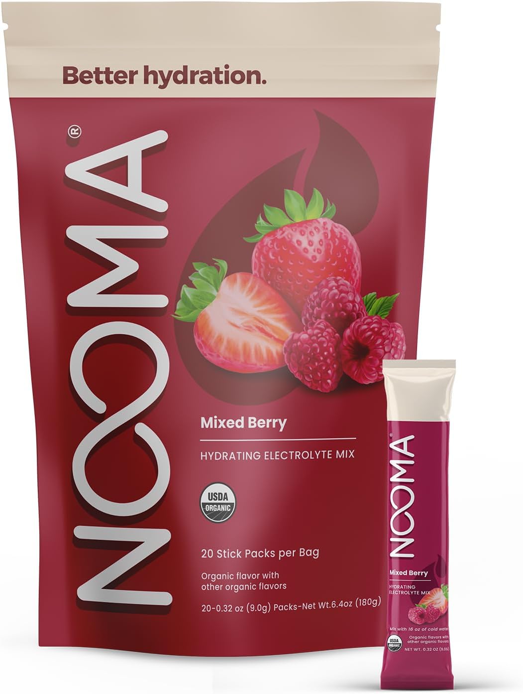 NOOMA - Hydrating Electrolyte Mixes - Hydration Powder Packets - Organic & No Added Sugars - Rapid Hydration - No Caffeine, 25 Calories & 800mg Electrolytes - Mixed Berry - Pack of 20 0.32oz Each
