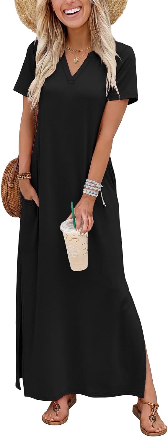 OFEEFAN Summer Dresses for Women 2026 Maxi Dress Short Sleeve Sundresses with Pockets Beach Vacation Spring Outfits