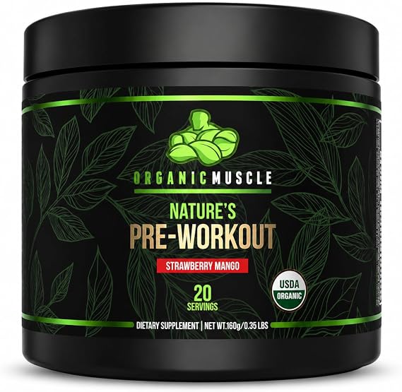 Organic Muscle Pre Workout Powder Strawberry Mango USDA Organic 20 Servings | USDA Organic Superfood Blend, 70mg Natural Caffeine, Vegan, No Jitters, Maca, Beet Root, Cordyceps, Rhodiola, Non-GMO