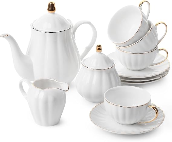 BTaT- Classic tea set, 13 pcs, Tea Cups (7oz), Tea Pot with Stainless Steel Infuser (32oz), Creamer and Sugar Set, Porcelain Tea Set, White Tea Set, Tea Pot Sets with Cups