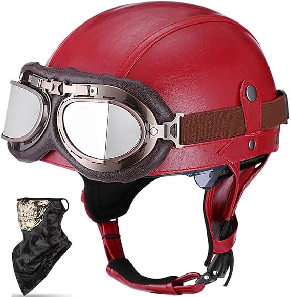 Motorcycle German Leather Half Helmet, DOT/ECE Approved Beanie Skull Cap Half Shell Motorbike Helmet+Goggles Retro Open-Face Helmet with Adjustable Quick Release Buckle for Cruiser