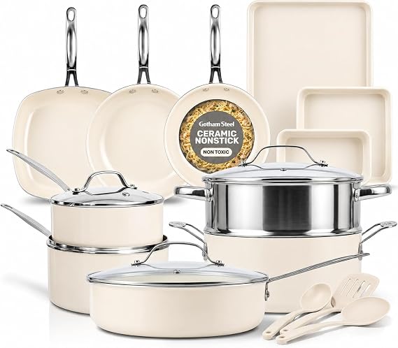 GOTHAM STEEL 20 Pc Ceramic Cookware Set Nonstick, Ceramic Pots and Pans Set Non Stick for Kitchen with Bakeware, Cooking Utensils & Steamer, Non Toxic PFOA PFOS Free, Oven & Dishwasher Safe