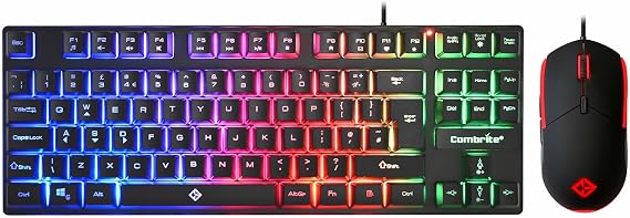Falcon Gaming Keyboard And Mouse Set, TKL Compact Size, Rainbow LED Backlit, USB Wired Desktop Combo, UK Layout