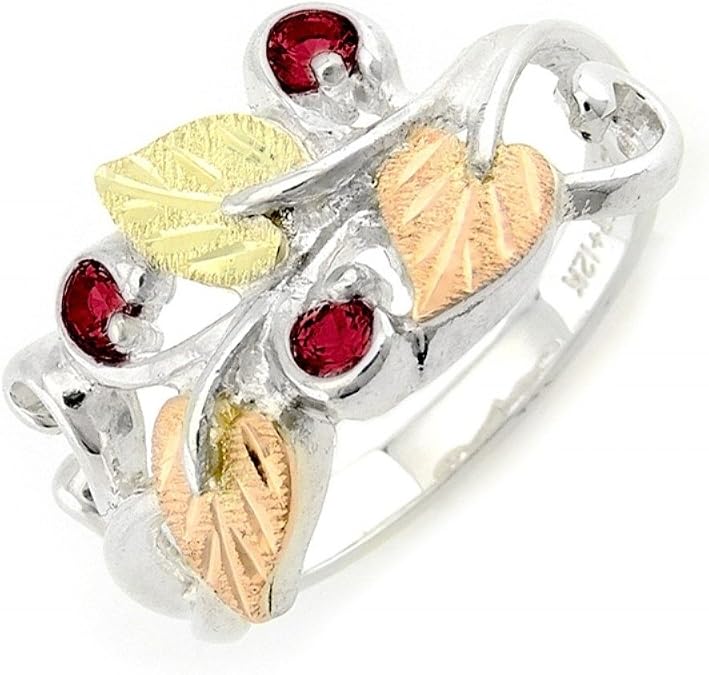 Rhodium-Plated Sterling Silver Synthetic Ruby July Birthstone Ring, 12k Green and Rose Black Hills Gold