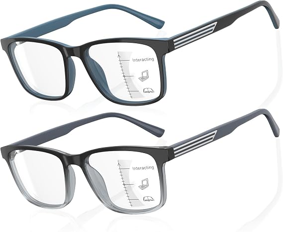 DEHOTRE 2 Pack Progressive Multifocus Reading Glasses Men Unbreakable TR90 Frame Temple Large Size Readers with Metal Inlays