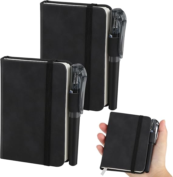 2 Pack Small Notebook, Small Notebooks Pocket Size with Pen, Leather A7 Notebook with Elastic Closure Band Bookmark, Portable Mini Notepads for Travel Business Work Meetings