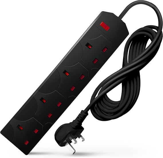 DESIRETECH Black Electric Extension Lead - 4 Gang, 10 Metre Cable with UK Plug & 3 Pin Socket - Wall Mountable & Multi Socket Mains Strip for Home, Bedroom, Kitchen, Office (1 Pack)