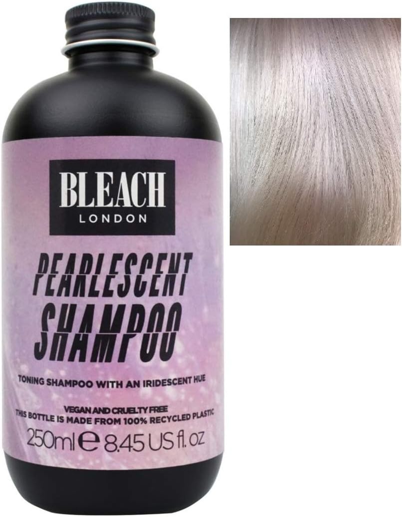 Bleach London Pearlescent Toning Shampoo, Iridescent Purple Colour Depositing Formula for Blonde Hair, Removes Brassy Yellow Tones, Helps Build or Maintain Pearly Purple Colour Paraben Free 250ml