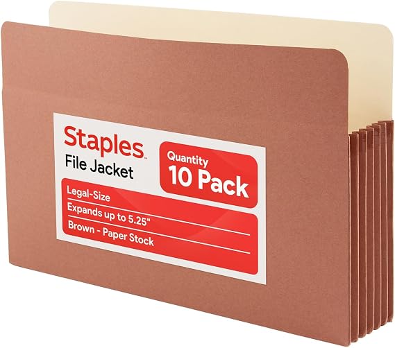 Staples Reinforced File Pockets, Legal Size, 5.25 in Expansion, 10/Pk