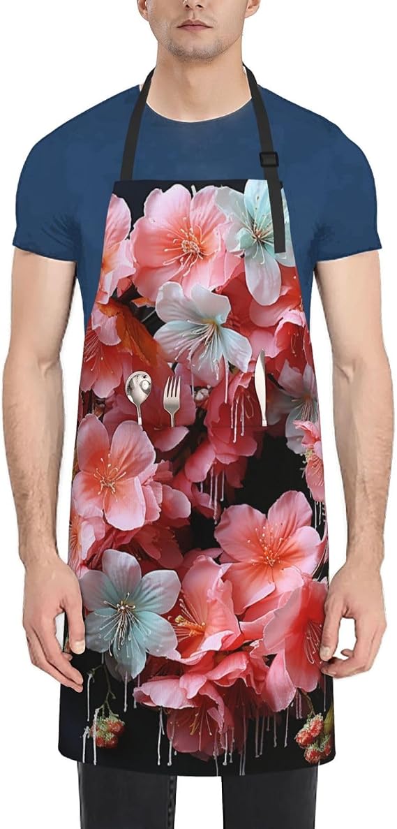 Adjustable Bib Apron, Garlands Nice Flowers Apron for Women Men Waterproof Kitchen Apron with 2 Pockets Cooking Chef Apron Funny BBQ Aprons for Dishwashing Waitress