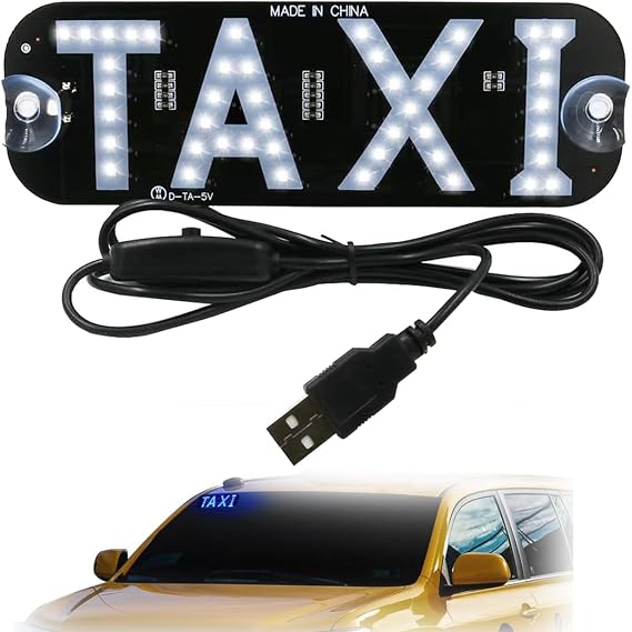 Taxi Led Sign Decor, Flashing Hook On Car Window with USB On/Off Button and Transparent Suction Cup, Vibrant and Bright 5v USB Power Led Light Sign for Driver Use in Taxi Cab Or Rideshare Car (White)
