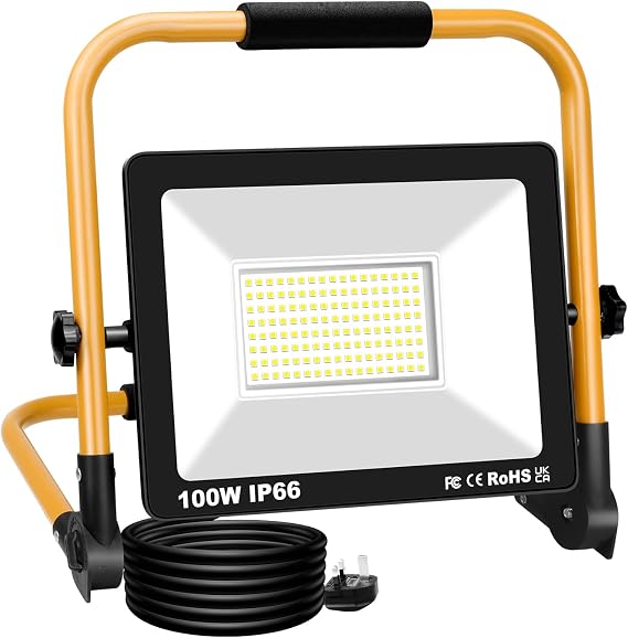 AUXTINGS 100W LED Work Light 9000LM Job Site Lights,Folding Flood Light Adjustable Portable Stand Work Lights Floodlight 6000K White 10ft 3m Wire with Plug for Car Repairing Home Workshop Garage [Energy Class E]