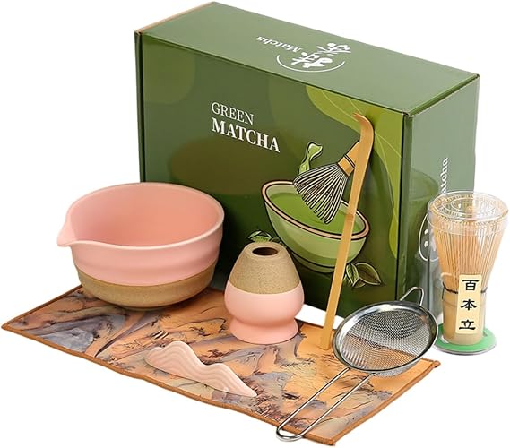 7Pcs Japanese Matcha Whisk Set, Ceramic Matcha Kit with Matcha Bowl,Matcha Whisk, Scoop, Sifter, Whisk Holder Unique Gifts for Matcha Lovers,Gift Box Packaging (Pink)