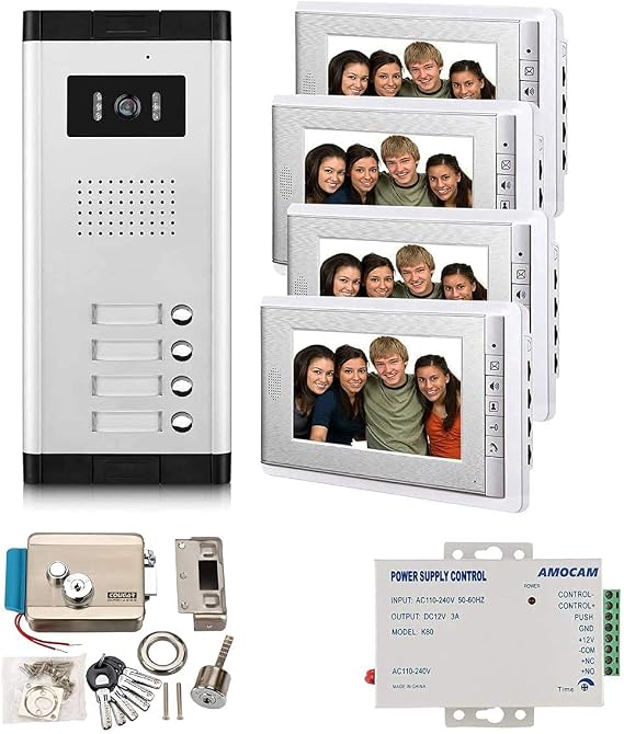 Apartment Video Intercom System and Electric Control Door Lock and 12V Power Supply Control for 4 Units Apartment Household