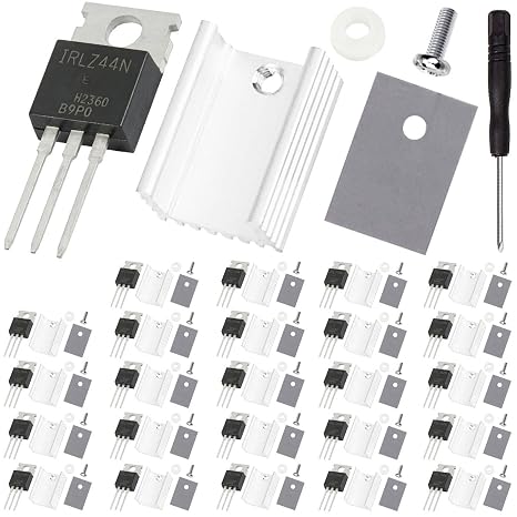 20 pcs IRLZ44N Mosfet Transistor N-Channel Enhanced IRLZ44NPBF N-Channel TO-220 47A 55V 3Pin Field-Effect Transistor Logic Level Control with Heatsink screw washer Rubber Silicone screwdriver