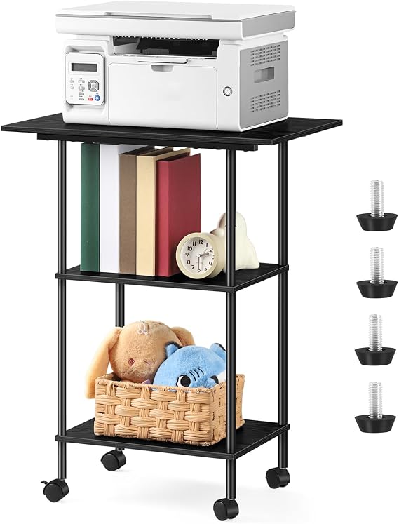 Black Large Printer Stand with Storage 3 Tier Rolling Printer Cart