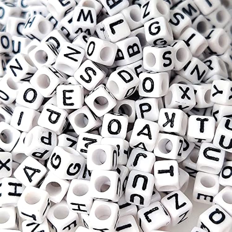 500 Pieces 6x6mm White Cube Acrylic Alphabet Letter Beads A-Z Mixed Plastic Shape Loose DIY Beads for Jewelry Making Bracelets Necklaces Key Chains Black on White